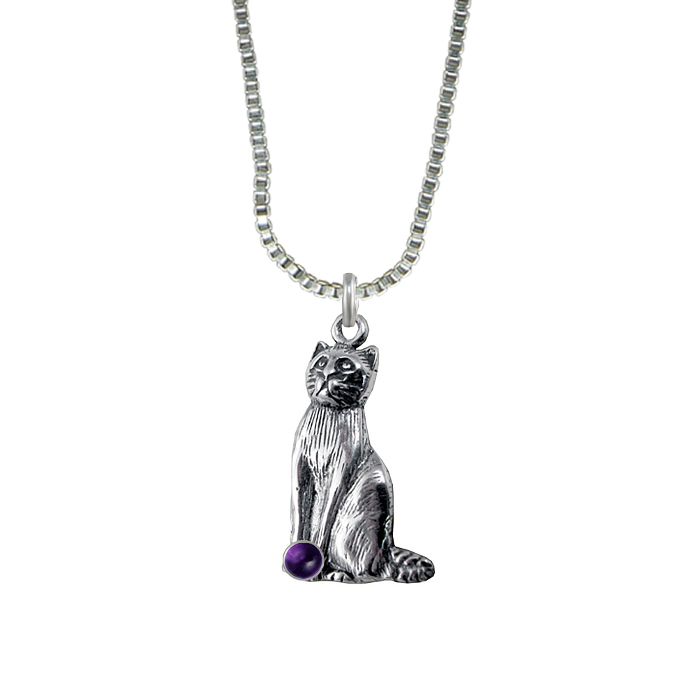 Sterling Silver Regal Cat Pendant With Amethyst